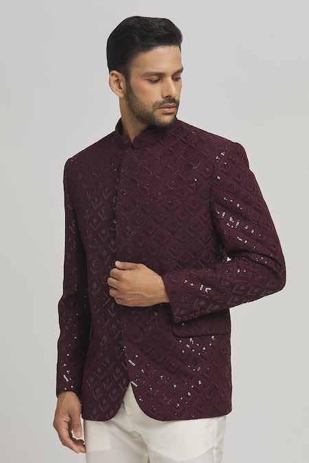 Shop_Aham-Vayam_Maroon Cotton Sequins Jahaan Work Bandhgala _Online_at_Aza_Fashions