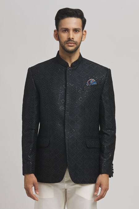 Aham-Vayam_Black Cotton Sequins Jahaan Full Sleeve Work Bandhgala _Online_at_Aza_Fashions