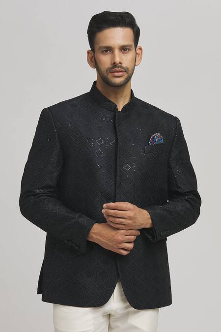 Buy_Aham-Vayam_Black Cotton Sequins Jahaan Full Sleeve Work Bandhgala _Online_at_Aza_Fashions