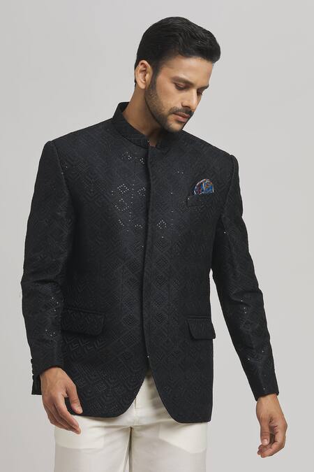 Shop_Aham-Vayam_Black Cotton Sequins Jahaan Full Sleeve Work Bandhgala _Online_at_Aza_Fashions