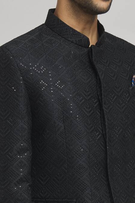 Aham-Vayam_Black Cotton Sequins Jahaan Full Sleeve Work Bandhgala _at_Aza_Fashions