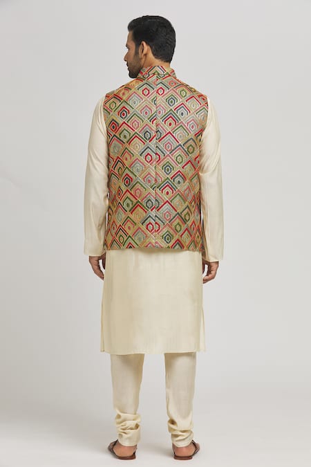 Aham-Vayam Geometric Thread Embroidered Bundi Jacket 