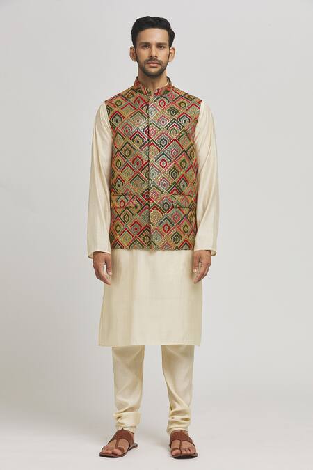 Aham-Vayam_Yellow Cotton Embroidery Geometric Thread Bundi Jacket _Online_at_Aza_Fashions