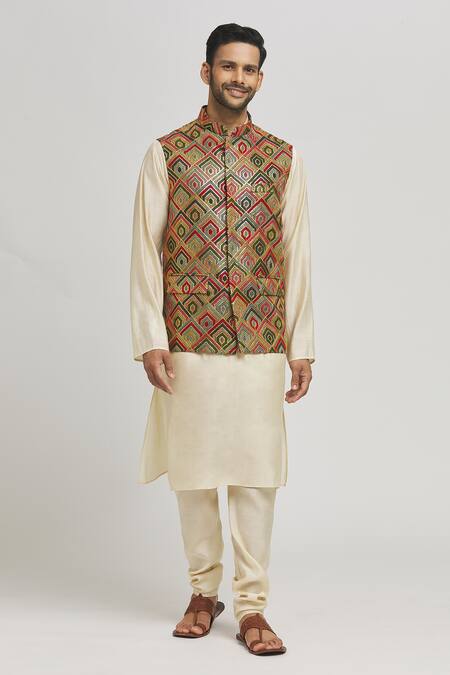 Shop_Aham-Vayam_Yellow Cotton Embroidery Geometric Thread Bundi Jacket _Online_at_Aza_Fashions