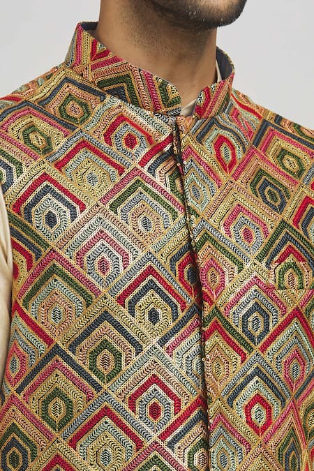Aham-Vayam_Yellow Cotton Embroidery Geometric Thread Bundi Jacket _at_Aza_Fashions