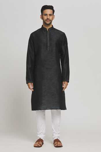 Aham-Vayam Black Cotton, Silk Sequins Sundar Straight Kurta With Patiala Pant Online at Aza Fashions Aham-Vayam_Black Cotton, Silk Sequins Sundar Straight Kurta With Patiala Pant _Online_at_Aza_Fashions