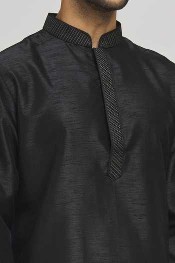 Shop Aham-Vayam Black Cotton, Silk Sequins Sundar Straight Kurta With Patiala Pant Online at Aza Fashions Shop_Aham-Vayam_Black Cotton, Silk Sequins Sundar Straight Kurta With Patiala Pant _Online_at_Aza_Fashions