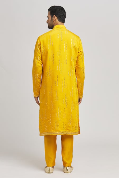 Shop Aham-Vayam Yellow Silk, Cotton Mirrors, Embroidery Katsu Kurta Pant Set at Aza Fashions Shop_Aham-Vayam_Yellow Silk, Cotton Mirrors, Embroidery Katsu Kurta Pant Set _at_Aza_Fashions