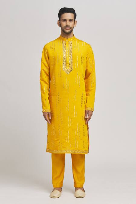 Aham-Vayam Yellow Silk, Cotton Mirrors, Embroidery Katsu Kurta Pant Set Online at Aza Fashions Aham-Vayam_Yellow Silk, Cotton Mirrors, Embroidery Katsu Kurta Pant Set _Online_at_Aza_Fashions
