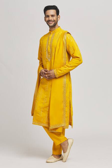 Buy Aham-Vayam Yellow Silk, Cotton Mirrors, Embroidery Katsu Kurta Pant Set Online at Aza Fashions Buy_Aham-Vayam_Yellow Silk, Cotton Mirrors, Embroidery Katsu Kurta Pant Set _Online_at_Aza_Fashions