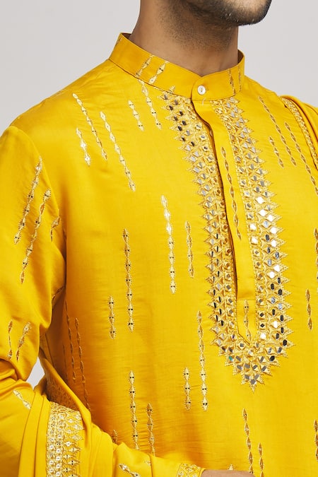 Shop Aham-Vayam Yellow Silk, Cotton Mirrors, Embroidery Katsu Kurta Pant Set Online at Aza Fashions Shop_Aham-Vayam_Yellow Silk, Cotton Mirrors, Embroidery Katsu Kurta Pant Set _Online_at_Aza_Fashions