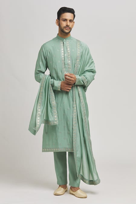 Aham-Vayam Green Cotton Silk Blend Embroidery Floral Sonadhar Kurta Pant Set