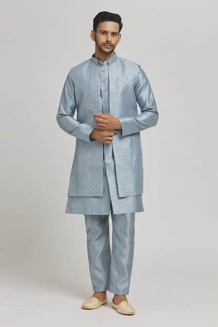 Aham-Vayam Blue Cotton Embroidered Thread Karnik Sequin Jaal Jacket Kurta Set 