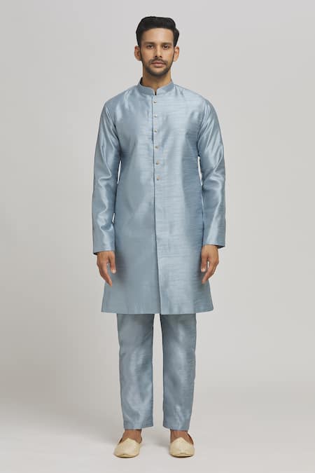 Aham-Vayam_Blue Cotton Embroidery, Sequins Karnik Jaal Jacket Kurta Set _Online_at_Aza_Fashions