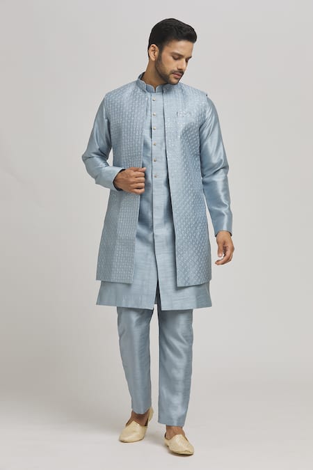 Buy_Aham-Vayam_Blue Cotton Embroidery, Sequins Karnik Jaal Jacket Kurta Set _Online_at_Aza_Fashions
