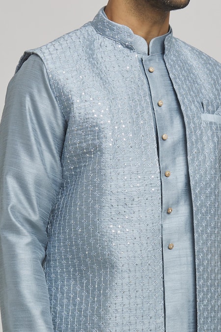 Shop_Aham-Vayam_Blue Cotton Embroidery, Sequins Karnik Jaal Jacket Kurta Set _Online_at_Aza_Fashions