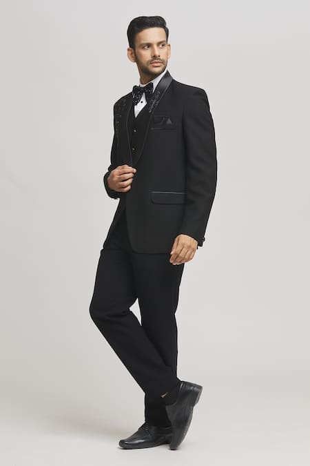 Aham-Vayam Black 110 Suiting Fabric Embroidered Cutdana Embellished Tuxedo Pant Set 