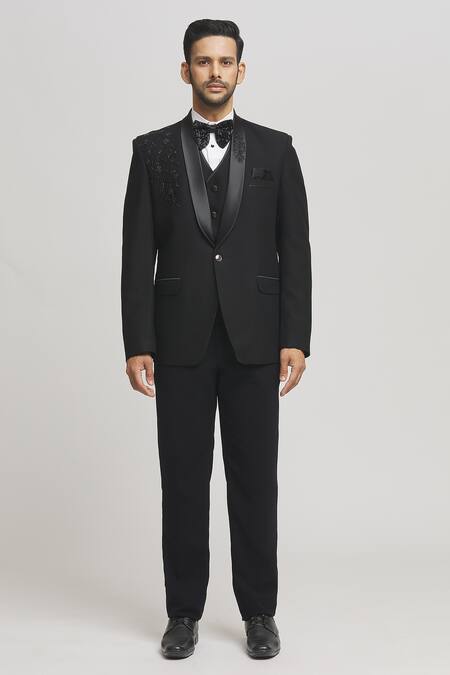 Aham-Vayam Black Cotton, Polyester Cut Work Cutdana Embellished Tuxedo Pant Set at Aza Fashions Aham-Vayam_Black Cotton, Polyester Cut Work Cutdana Embellished Tuxedo Pant Set _at_Aza_Fashions