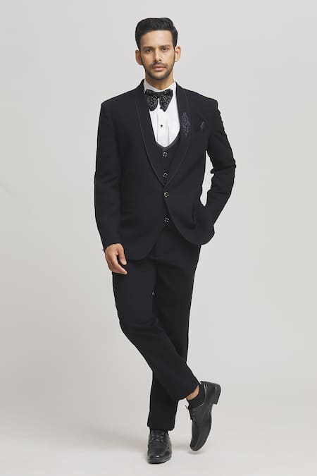 Aham-Vayam Black Cutdana Embellished Tuxedo Set 