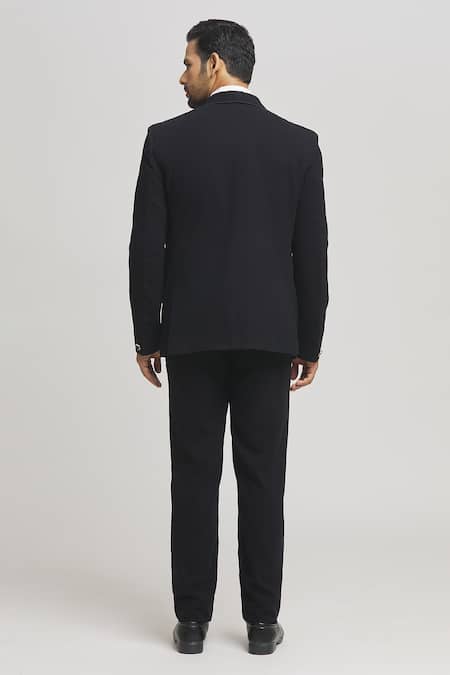 Shop_Aham-Vayam_Black Cotton, Wool, Polyester Cut Work Cutdana Embellished Tuxedo Set _at_Aza_Fashions