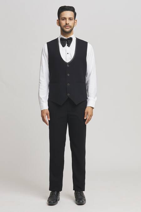 Buy_Aham-Vayam_Black Cotton, Wool, Polyester Cut Work Cutdana Embellished Tuxedo Set _Online_at_Aza_Fashions