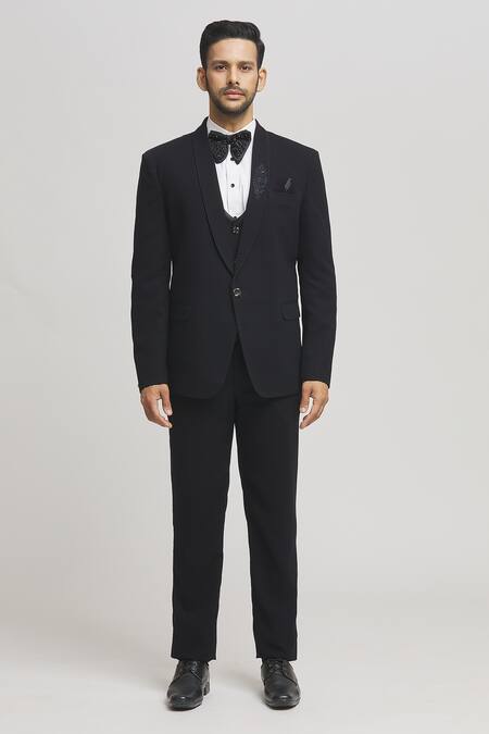 Shop_Aham-Vayam_Black Cotton, Wool, Polyester Cut Work Cutdana Embellished Tuxedo Set _Online_at_Aza_Fashions