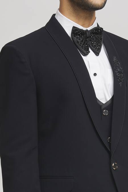 Aham-Vayam_Black Cotton, Wool, Polyester Cut Work Cutdana Embellished Tuxedo Set _at_Aza_Fashions