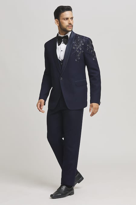 Aham-Vayam Blue 110 Suiting Fabric Embroidered Eden Floral Embellished Tuxedo Pant Set 