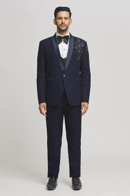 Shop_Aham-Vayam_Blue Cotton, Wool Cut Work Eden Floral Cutdana Embellished Tuxedo Pant Set _at_Aza_Fashions