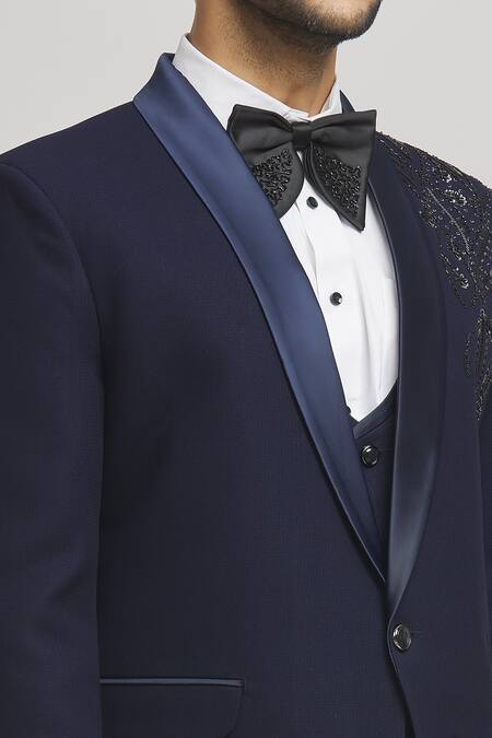 Buy_Aham-Vayam_Blue Cotton, Wool Cut Work Eden Floral Cutdana Embellished Tuxedo Pant Set _Online_at_Aza_Fashions