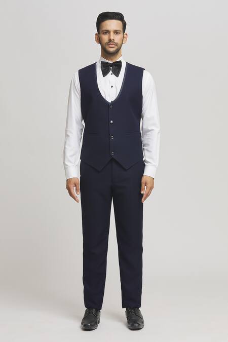 Aham-Vayam_Blue Cotton, Wool Cut Work Eden Floral Cutdana Embellished Tuxedo Pant Set _at_Aza_Fashions