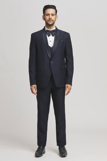 Shop Aham-Vayam Blue Suede, Cotton, Polyester, Wool Cut Work Cutdana Embellished Tuxedo Set Online at Aza Fashions Shop_Aham-Vayam_Blue Suede, Cotton, Polyester, Wool Cut Work Cutdana Embellished Tuxedo Set _Online_at_Aza_Fashions