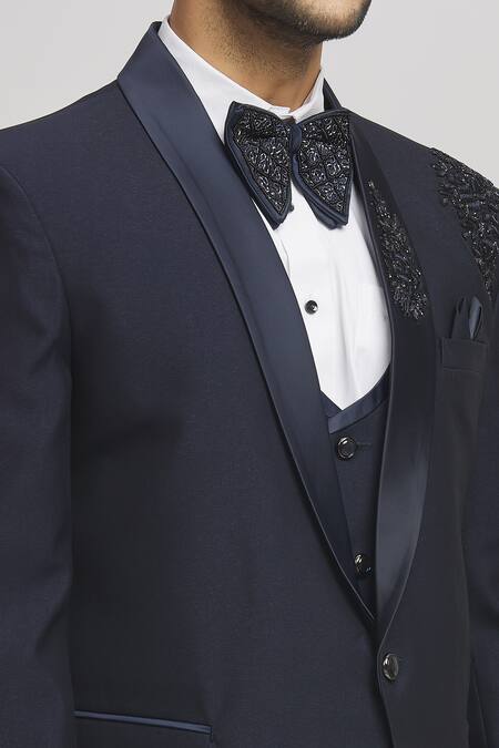 Aham-Vayam Blue Suede, Cotton, Polyester, Wool Cut Work Cutdana Embellished Tuxedo Set at Aza Fashions Aham-Vayam_Blue Suede, Cotton, Polyester, Wool Cut Work Cutdana Embellished Tuxedo Set _at_Aza_Fashions