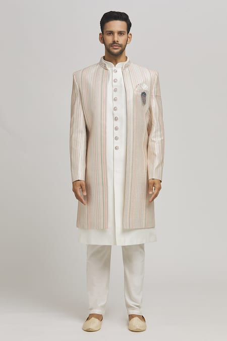 Aham-Vayam Multi Color Cotton Brooches, Embroidery Milaap Stripe Jacket Pant Set at Aza Fashions Aham-Vayam_Multi Color Cotton Brooches, Embroidery Milaap Stripe Jacket Pant Set _at_Aza_Fashions