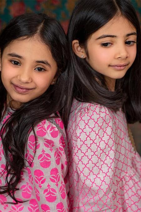 Buy_The Pony & Peony CO._Pink Cotton Fringe, Gota Patti Mughal Printed Peplum And Sharara Set _Online_at_Aza_Fashions
