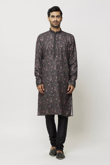 Samyukta Singhania_Black Silk, Denim Plumeria Garden Print Kurta Set_Online_at_Aza_Fashions