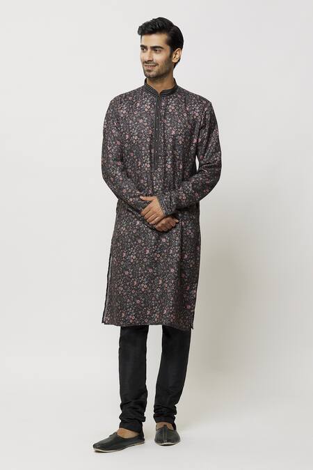 Buy_Samyukta Singhania_Black Silk, Denim Plumeria Garden Print Kurta Set_Online_at_Aza_Fashions