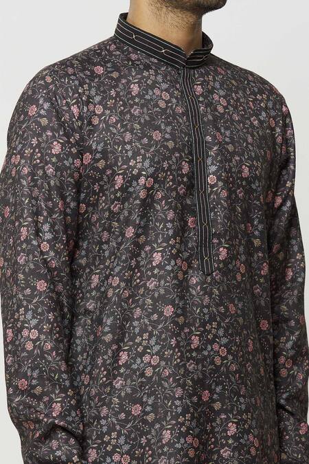 Shop_Samyukta Singhania_Black Silk, Denim Plumeria Garden Print Kurta Set_Online_at_Aza_Fashions