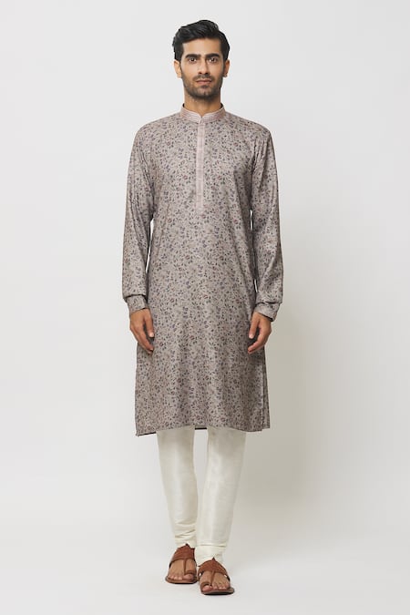 Arihant Rai Sinha_Grey Silk, Denim Embroidery Mughal Garden Print Kurta Set _at_Aza_Fashions
