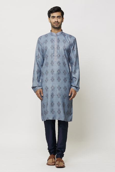Arihant Rai Sinha_Blue Silk Embroidery Vintage Pansy Bloom Print Kurta _Online_at_Aza_Fashions