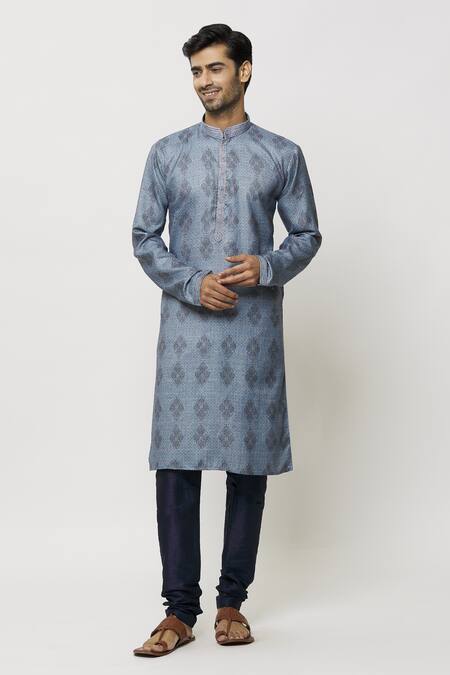 Buy_Arihant Rai Sinha_Blue Silk Embroidery Vintage Pansy Bloom Print Kurta _Online_at_Aza_Fashions