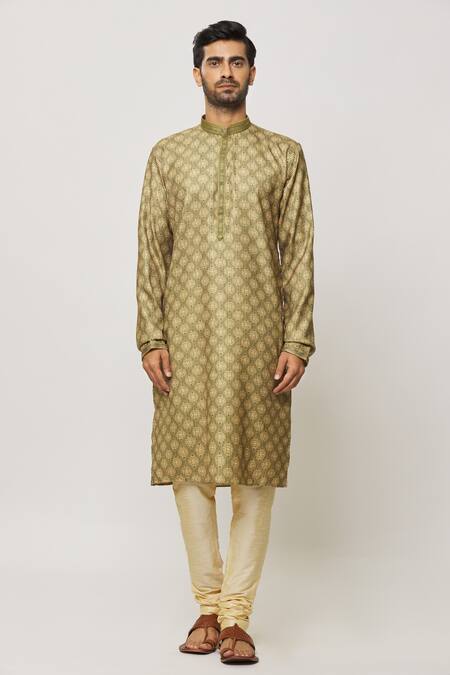 Arihant Rai Sinha_Green Silk, Polyester Persian Damask Art Print Kurta _Online_at_Aza_Fashions