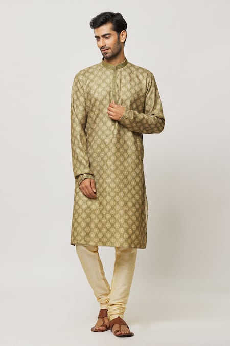 Buy_Arihant Rai Sinha_Green Silk, Polyester Persian Damask Art Print Kurta _Online_at_Aza_Fashions