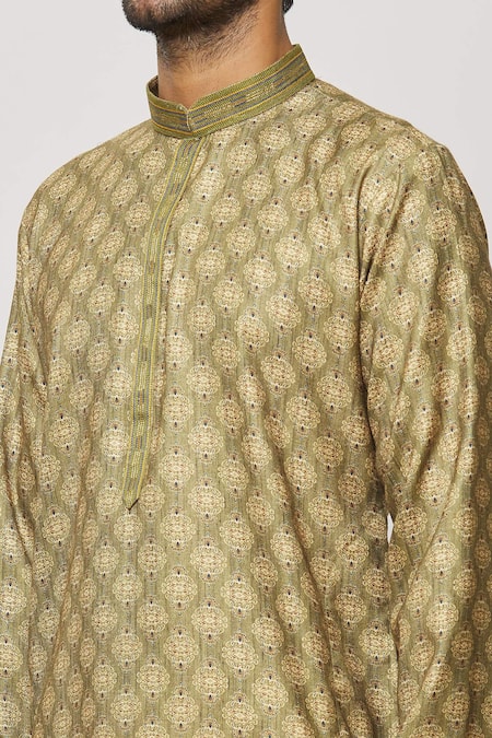 Shop_Arihant Rai Sinha_Green Silk, Polyester Persian Damask Art Print Kurta _Online_at_Aza_Fashions