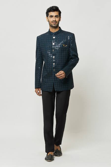 Shop Arihant Rai Sinha Green Silk Sequins, Embroidery Teal Jodhpuri Online at Aza Fashions Shop_Arihant Rai Sinha_Green Silk Sequins, Embroidery Teal Jodhpuri _Online_at_Aza_Fashions