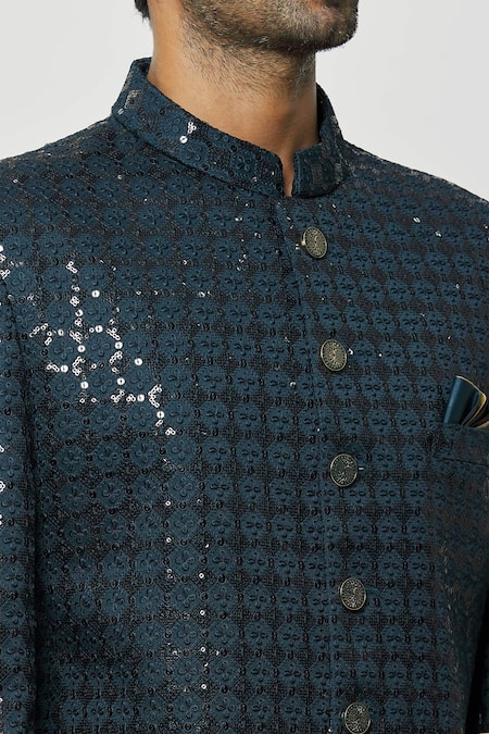 Arihant Rai Sinha Green Silk Sequins, Embroidery Teal Jodhpuri at Aza Fashions Arihant Rai Sinha_Green Silk Sequins, Embroidery Teal Jodhpuri _at_Aza_Fashions