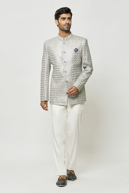 Aryavir Malhotra Grey Art Silk Embroidered Sequins Thread Full Sleeve Jodhpuri 