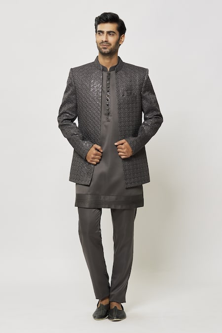 Aryavir Malhotra Grey Art Silk Embroidered Sequins Thread Front-open Sherwani And Kurta Set