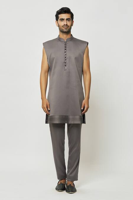 Arihant Rai Sinha_Grey Silk Sequins, Embroidery Front-open Sherwani And Kurta Set_Online_at_Aza_Fashions