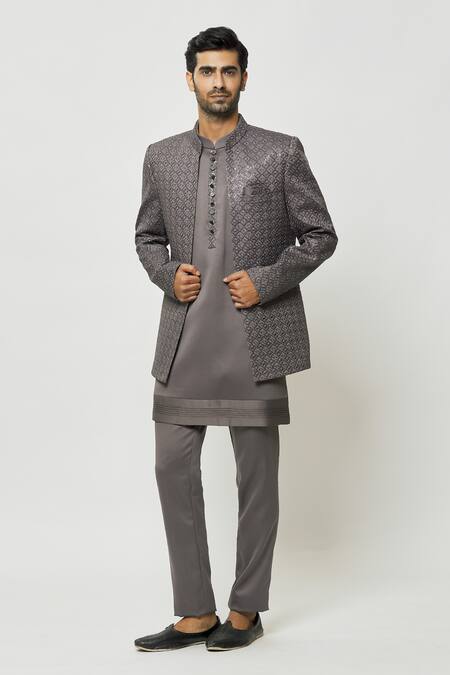 Buy_Arihant Rai Sinha_Grey Silk Sequins, Embroidery Front-open Sherwani And Kurta Set_Online_at_Aza_Fashions